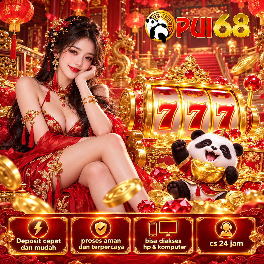 Poster PUI68 dengan suasana festival merah emas, maskot panda, dan elemen ilustrasi digital